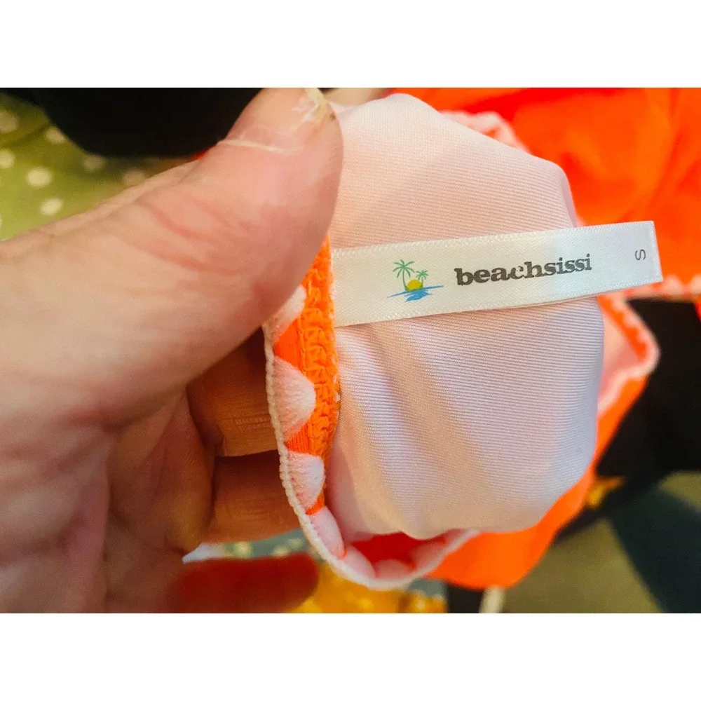 Beachsissi Womens Neon Orange Scallop Trim High Neck High Waist Bikini Set Small